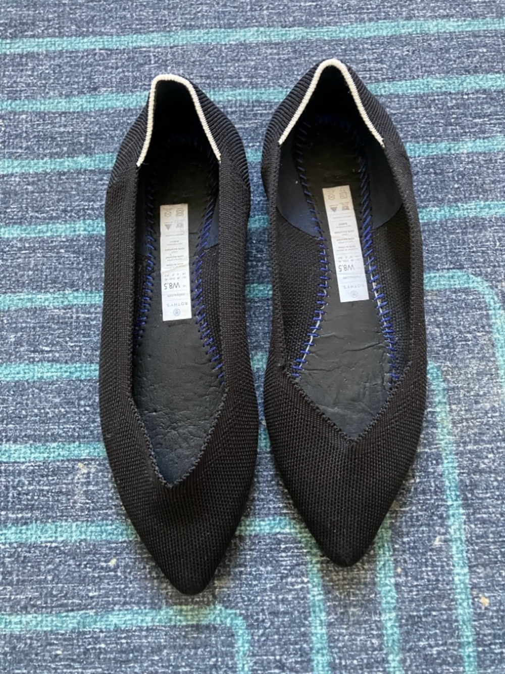 Rothy's Black Pointed Knit Flats with Ivory Trim - Women